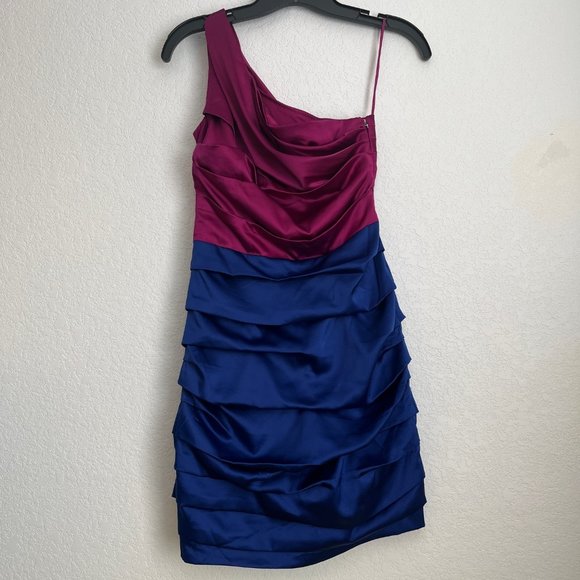 Express Dresses & Skirts - Express Colorblock Ruched Bodycon One Shoulder Mini Dress, Pink and Blue, Size S